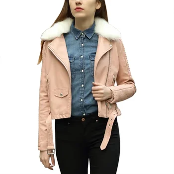 

Hot Women Winter Warm Faux Leather Jackets with Fur Collar Lady White Black Pink Wine Red Motorcycle Biker Outerwear Coats