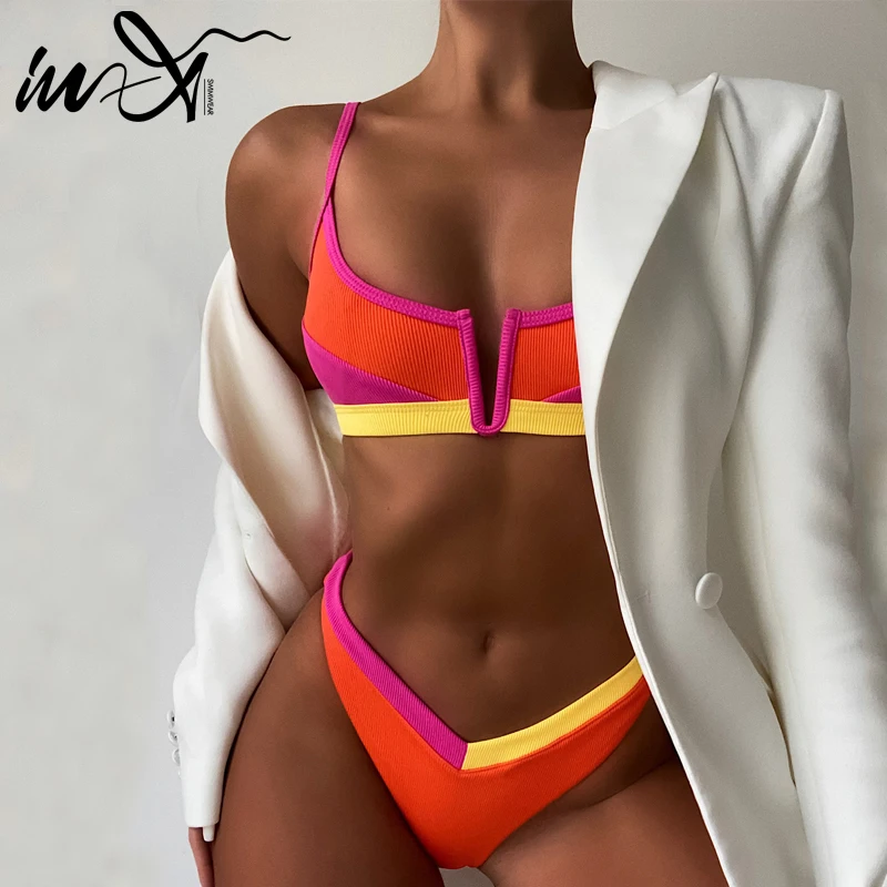 X Ribbed swimwear female Color block bikinis 2021 mujer V neck swimsuit wom...