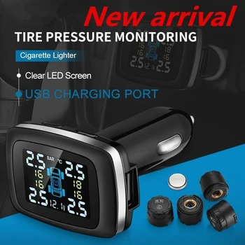 

Car tire pressure monitoring system TPMS cigarette lighter plug LCD screen USB charging, with 4 external sensors