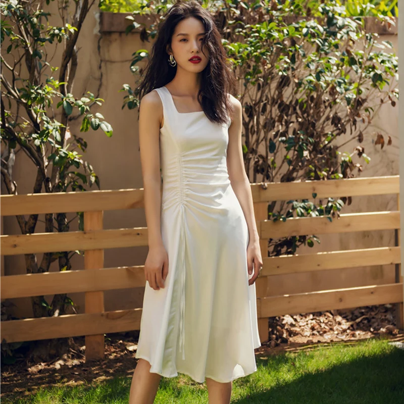 

3 Colors Midi Satin Women Tank Dress Summer Elegant White Slim-waisted Party Dress Black Green Runway 2020 Dresses Casual Beach