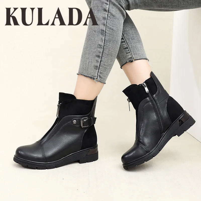 KULADA/Новые Черные ботильоны для женщин с молнией спереди Теплые короткие женские