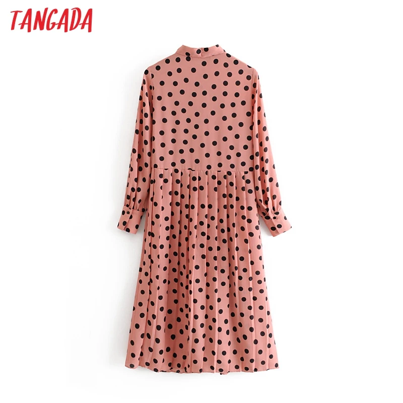 Buy Tangada women pink dots print midi dress bow tie collar 2019 long sleeve female vintage casual pleated dresses vestidos 3H21