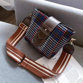 

Vintage Wool Purses and Handbags Luxury Plaid Designer Crossbody Bucket Bags Lady Wide Shoulder Strap Handtas Simple Cross Body