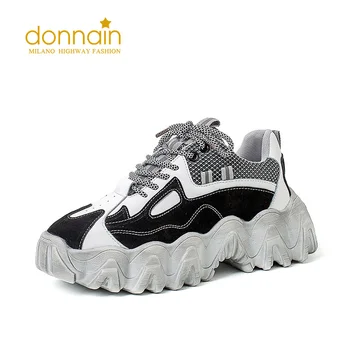 

DONNAIN Black Genuine Leather Platform Shoes for Women Round Toe Lace up Mixed-color Chunky Sneakers Stylish Gray Footwear