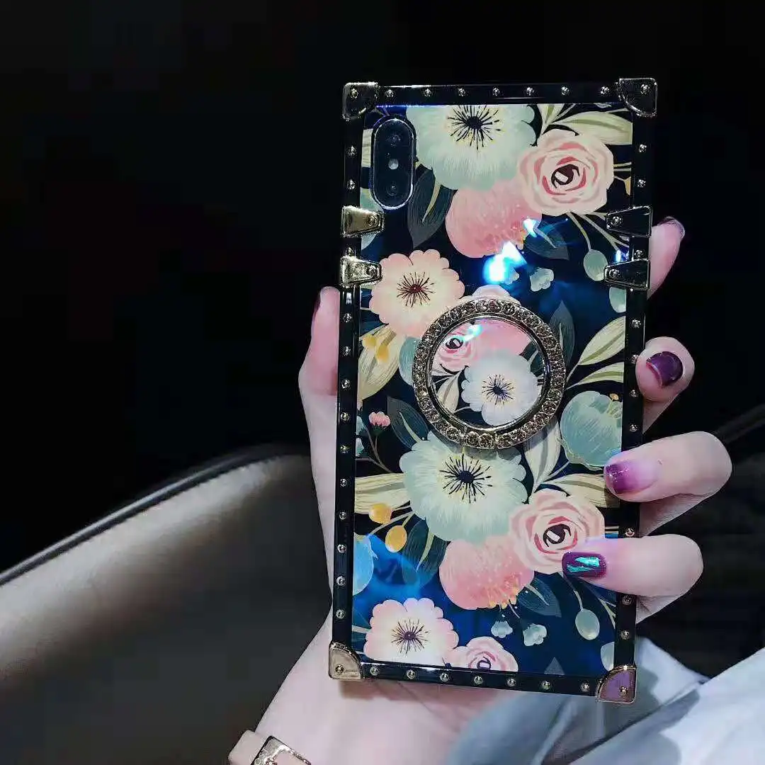 Luxury Europe style fashion flower Peony square blue ray case for iphone 11 Pro MAX XS XR X 8 7 6 6s Plus ring soft phone cover - Цвет: FH-ZH