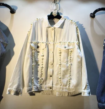 

Women White Denim Jacket 2020 Spring Fall New Style Hand-Stitched Pearl Loose White Jeans Coat Purple Denim Jackets Student Coat