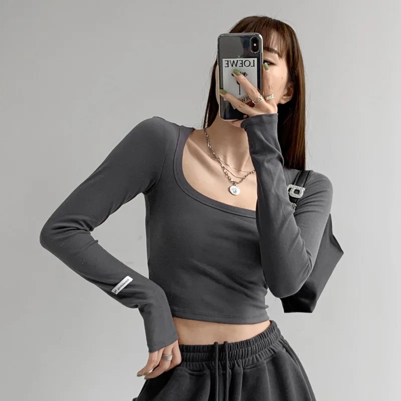 TVVOVVIN Street Shooting Hot Girls Slim Long Sleeve T-shirt Trendy Spring Autumn Elastic Square Collar Bottomed Shirt Women WQ11 | Женская