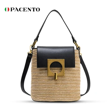 

PACENTO Fashion Handmade Summer Straw Pu Handbags Women Rattan Bucket Crossbody Bag Woven Beach Lock Designer Bags for Women