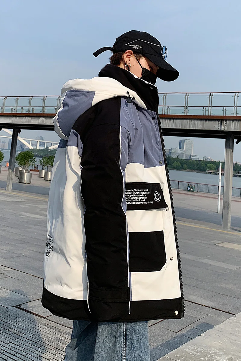 FUODRAO Loose Thicken Warm Winter Parka Men Patchwork Jackets Coats Male Harajuku Jacket Mans Outwear Hooded Windbreaker J208