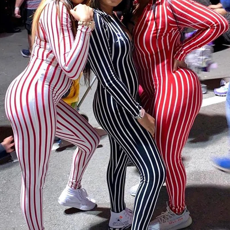 

Fitness Tight Long Sleeve Striped Jumpsuit Womens Turn-down Collar Skinny Bodycon Romper and Overalls Combinaison V Neck Zipper