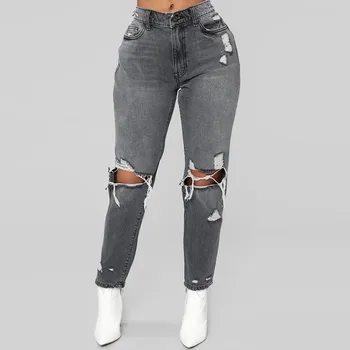 

Dark Gray Casual Ripped Jeans Women Summer 2020 Elastic Denim Pants Spring Ladies Streetwear Hipster Slim Plus Size Trousers