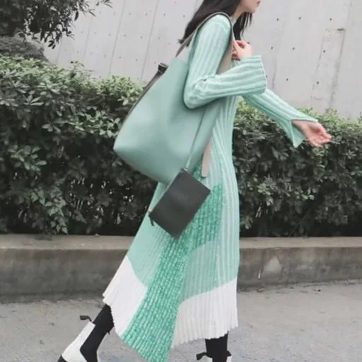 Long Knit Dresses Autumn/Winter Round Neck Elastic Sweater Pull Dresses Casual Daily Maxi Robe Women Pink Green AQ931