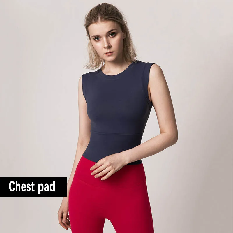 navy(with chest pad) Плотная майка для занятий йогой топы без рукавов для фитнеса и йоги быстросохнущая Спортивная майка для бега одежда для йоги рубашка для тренажерного зала, бега, спорта Femme - Цвет: navy(with chest pad)
