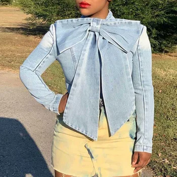 

Women Spring 2020 Long Sleeve Denim T-Shirt Vintage Camouflage Print Tshirts African Office Ladies Bowknot Tops Blue Plus Size
