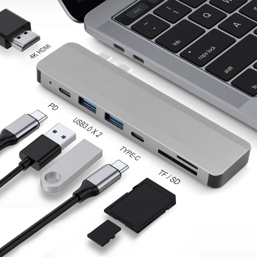 

7 in 1 USB-C Adapter with 2 USB 3.0 Ports SD Memory Reader Type-C USB 3.0 Hub For New Macbook Pro Air 2018 USB-C