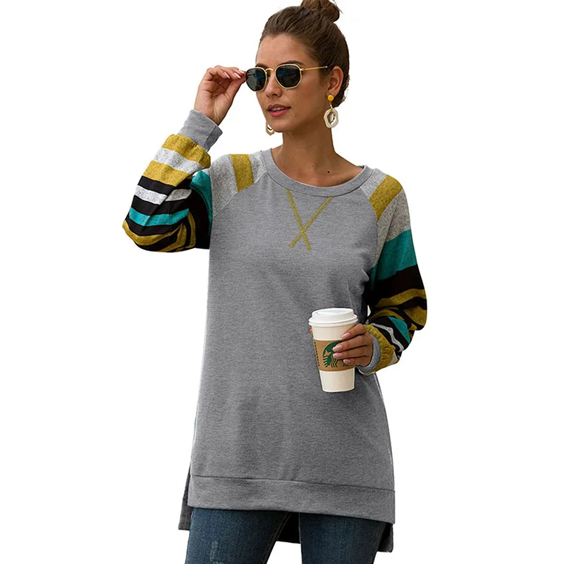 color 3 Siskakia Женская толстовка с длинным рукавом, топ, осень, новая мода, цветные полосы, Хит, цветная футболка с разрезом сбоку, Свободные повседневные футболки - Цвет: color 3