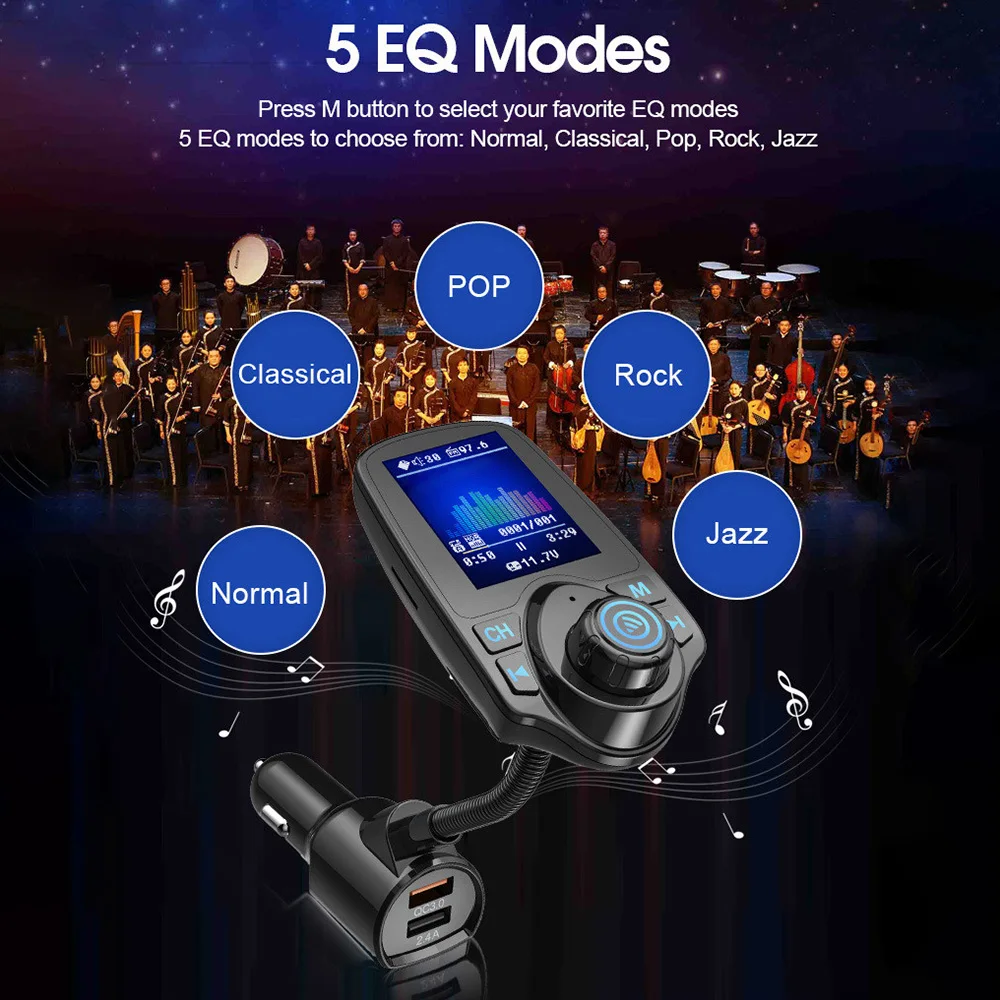 Автомобильный fm-передатчик, многофункциональный MP3-плеер с двумя usb-портами для зарядки, быстрая зарядка, 3,0, 1,8 дюйма, цветной TFT дисплей, 5 режимов эквалайзера