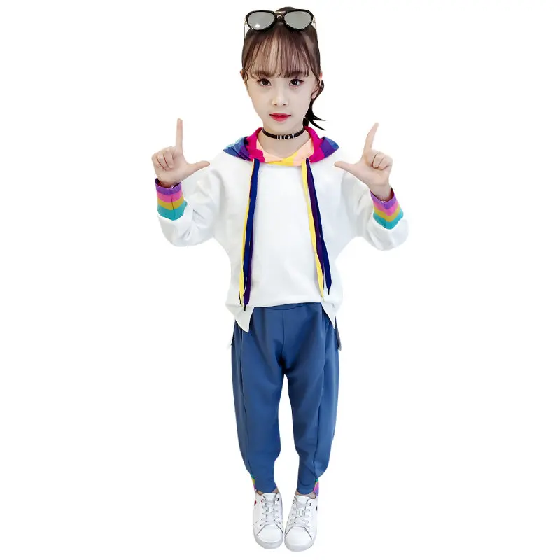 

Causal Kids Sports Set Clothing for Girls Cropped Hoodie Sweatpants Set Girls Rainbow Sweatshirt & Long Pants Sets Sport Wear