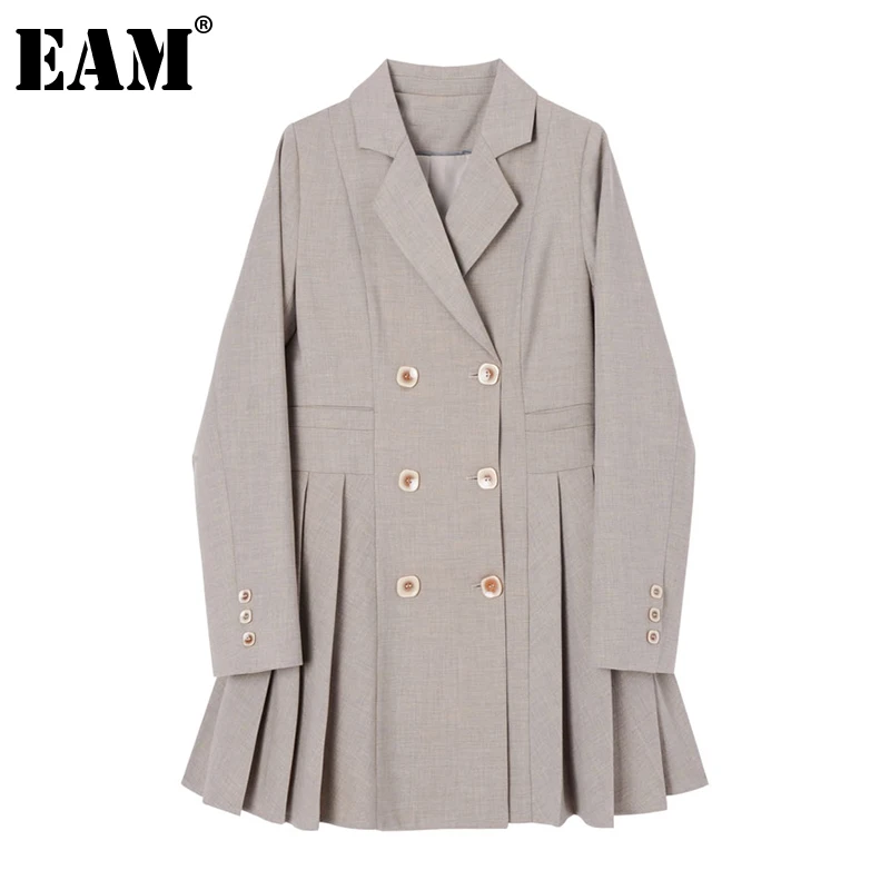 [EAM] Women Gray Double Breasted Pleated