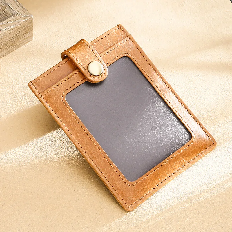 RFID Блокировка из натуральной кожи держатель для карт застежка ремня для мужчин и женщин ID Чехол для кредитных карт прозрачное окно визитница - Color: Brown