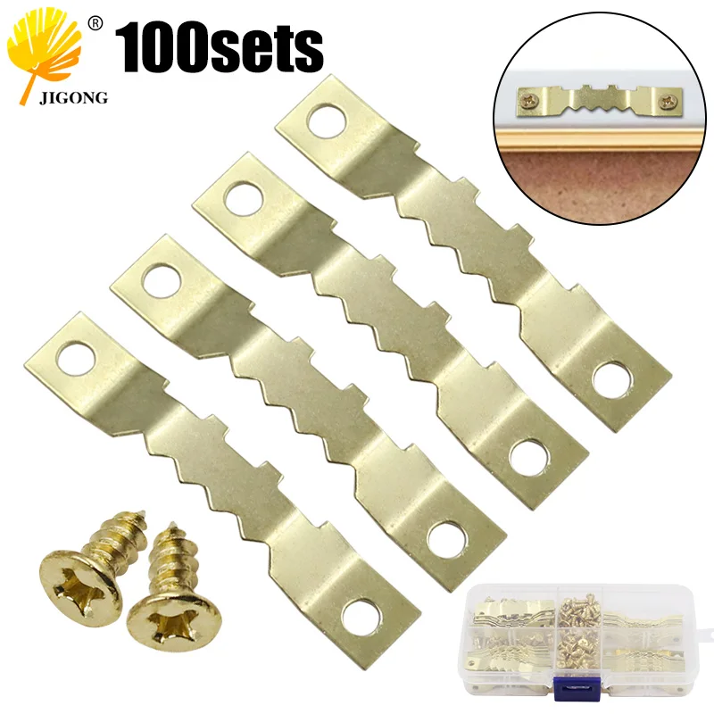 100Sets Saw Tooth Picture Hangers  Photo Frame Oil Painting Mirror Hanging Hooks With Screws Sawtooth Pegs 45*8mm