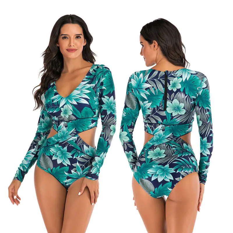 Women's Floral One Piece Rashguard Swimsuit Zip Back Surfing Shirt Sun