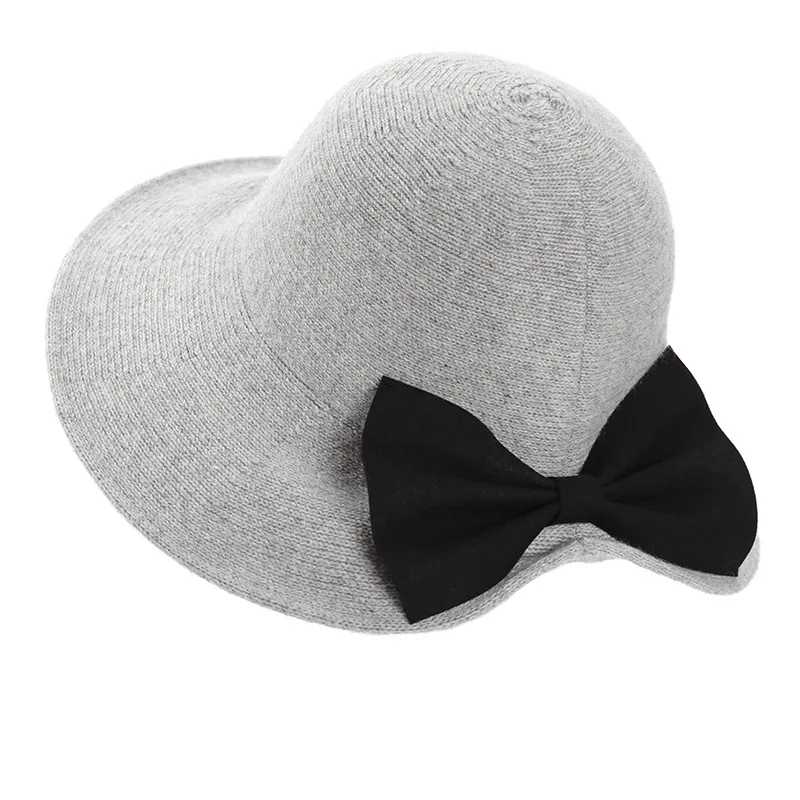 light grey Шерстяная Вязаная фетровая черная шляпа с бантом сзади в британском стиле, женские фетровые шляпы на осень и зиму, женские шапки, шапки - Цвет: light grey