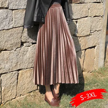 

Plus Size Autumn Winter Women Gold Velvet High Waist Skirt Long Metallic Maxi Pleated Midi Skirt Casual Small Swing Skirt faldas