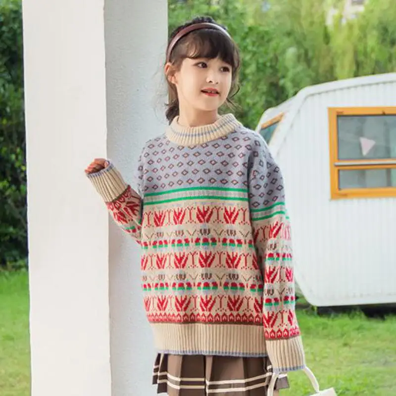 

Lovely Sweet Girls Sweater Fashion Print Soft Cotton Thermal Knitwear Children Bottoming Knitted Pullovers Warm Tops 5-14Y