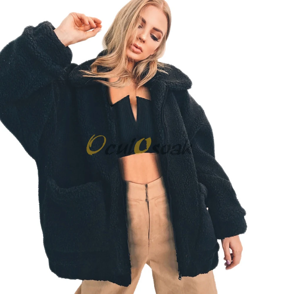 

S-3XL Plus Size Faux Fur Bear Jacket Autumn Winter Soft Zipper Bomber Jacket Oversized Fluffy Long Sleeve Coats Outerwear