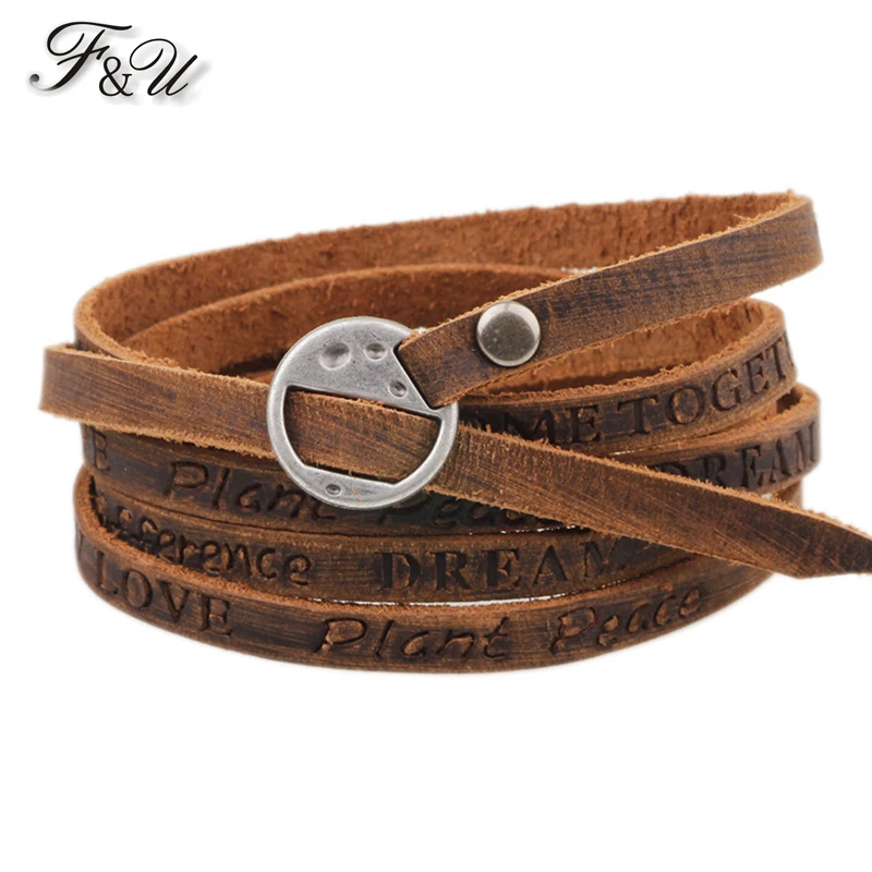 Винтажный крючок F & U в виде ленты из коровьей кожи многослойный браслет букв