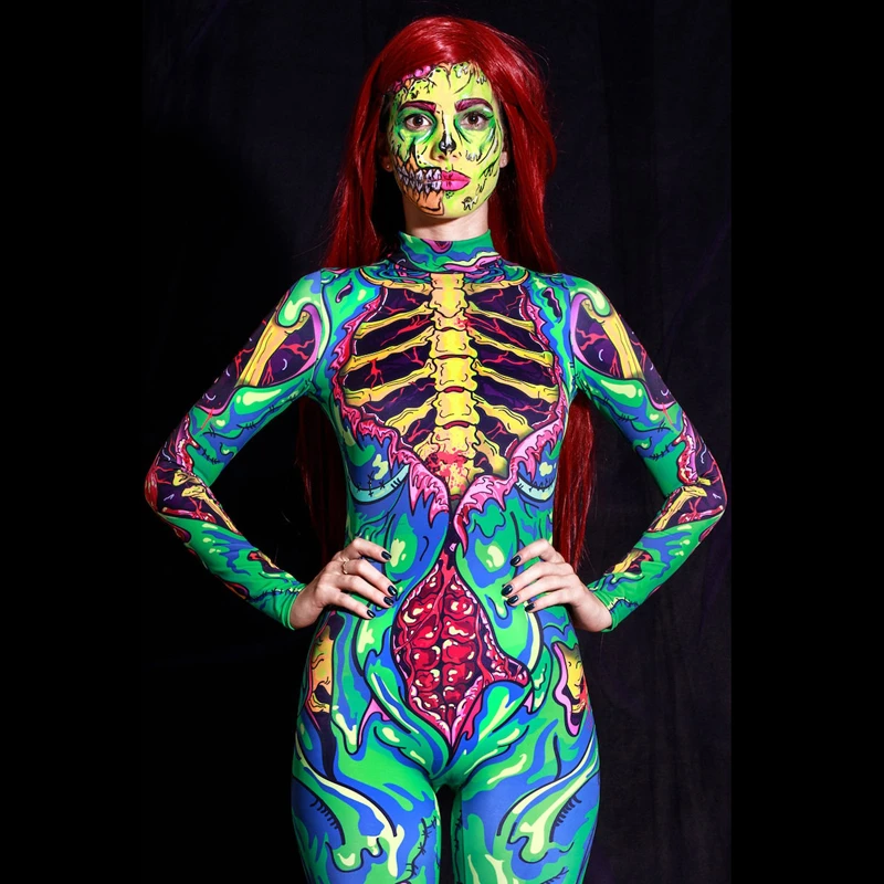Zombie Costume Skeleton Halloween Costumes for Women Adult Green Bodysuit Plus Size Scary Sexy Bodysuit Carnival Party