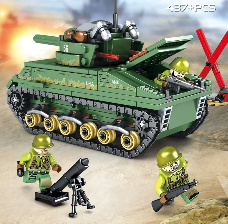 Ewellsold Военный танк строительные блоки Шерман М4 Танк конструктор Ww2 Фигурки игрушки для детей 437 шт