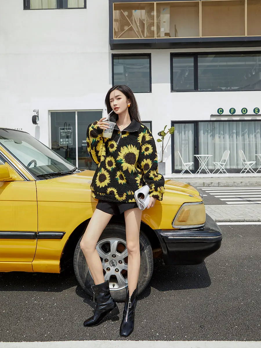 Флисовый Пуловер с принтом «Подсолнух» для CHEERART, женские толстовки Ulzzang Fuzzy, теплая толстовка большого размера, зимняя одежда