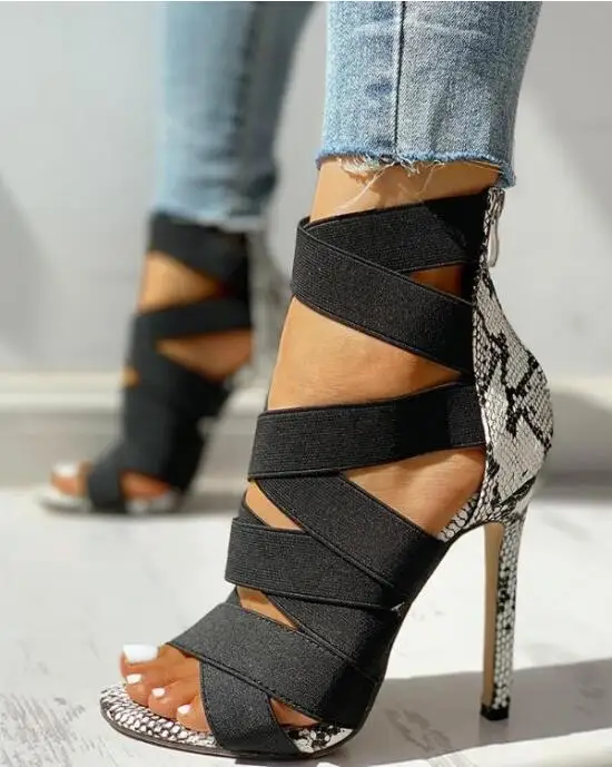 

Sandalias Mujer 2020 Women's Ladies Pumps Fashion Bandage Patchwork Mixed Colors Snake High Heels Sandals Casual Shoes size37~43