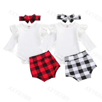 

Baby Girls Ribbed Knitted Clothes Sets Summer Baby Girls Ruffles Long Sleeve Romper Tops+Plaid Printed Shorts+Headband Outfits