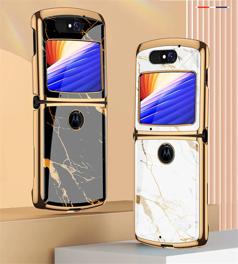 Luxury Tempered Glass Cover For Motorola Moto Razr Plated Painted Anti-Shock Fold Phone Case XT 910 2020 | Мобильные телефоны и