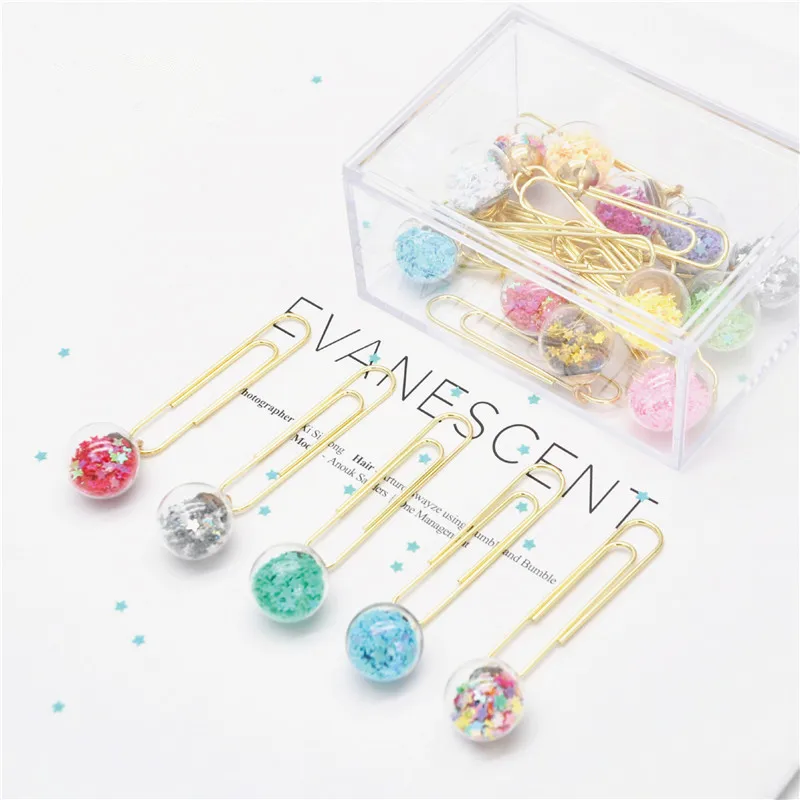 

2PCS Glass Ball Clips Paper Printed Metal Binder Clips Paper Clamp Office DIY Letter Papel Notes Bookmark Stationery