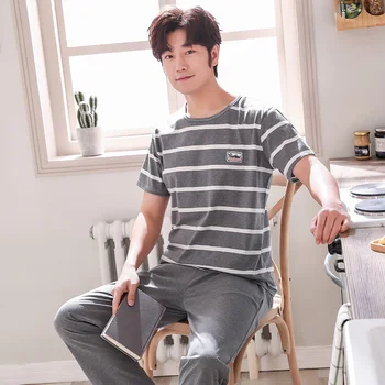 

puls size L-4XL cotton pajama sets for men summer short sleeve pajamas striped pyjama male long pants homewear pijamas hombre