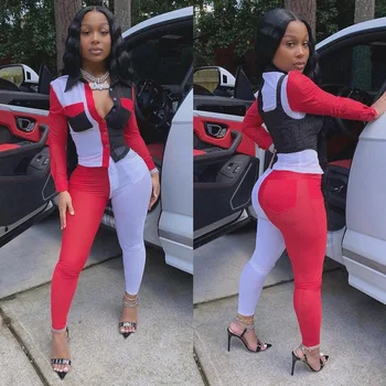 

Women Sets Fashion Clothing Sexy Lady Skinny Two Piece Set Shirt Contrast Color Top Pants Club Wear Color Patchwork Matching Set