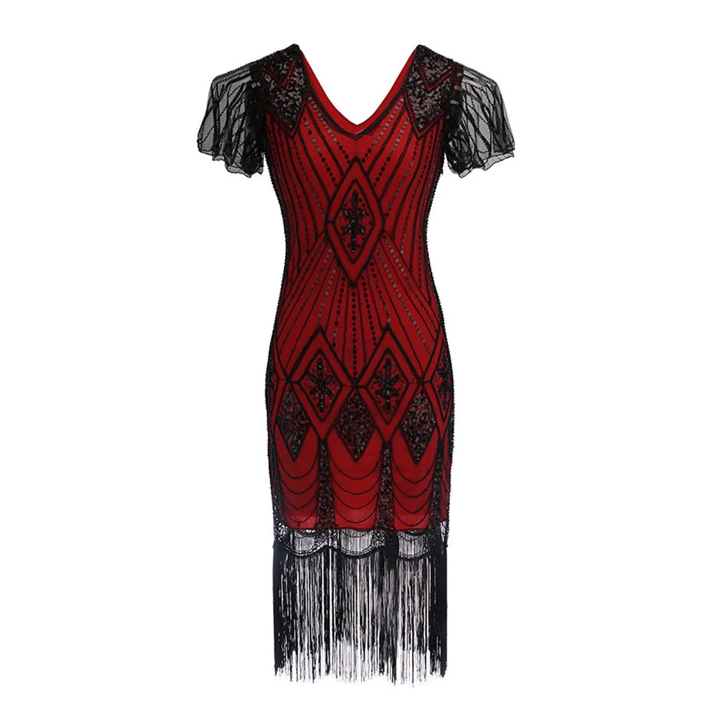 

Womens 1920s Vintage Flapper Party Dress V-Neck Lace Sleeve Sequin Fringe Midi Dresses Summer Art Deco Embellished Vestidos