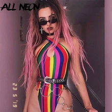ALLNeon Rave Festival Bodysuits Criss-cross Hollow Out Front Sleeveless Rainbow Striped Body Vintage Romper For Women Streetwear ALLNeon Rave Festival Bodysuits Criss-cross Hollow Out Front Sleeveless Rainbow Striped Body Vintage Romper For Women Streetwear