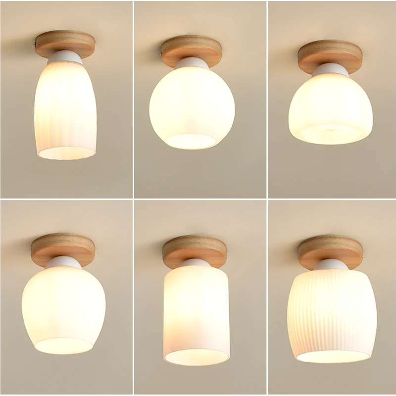 

Nordic Wood LED Ceiling Light for Bedroom Aisle Corridor Balcony Entrance Modern Glass Lampshade Hallway Lamp Home Decoration