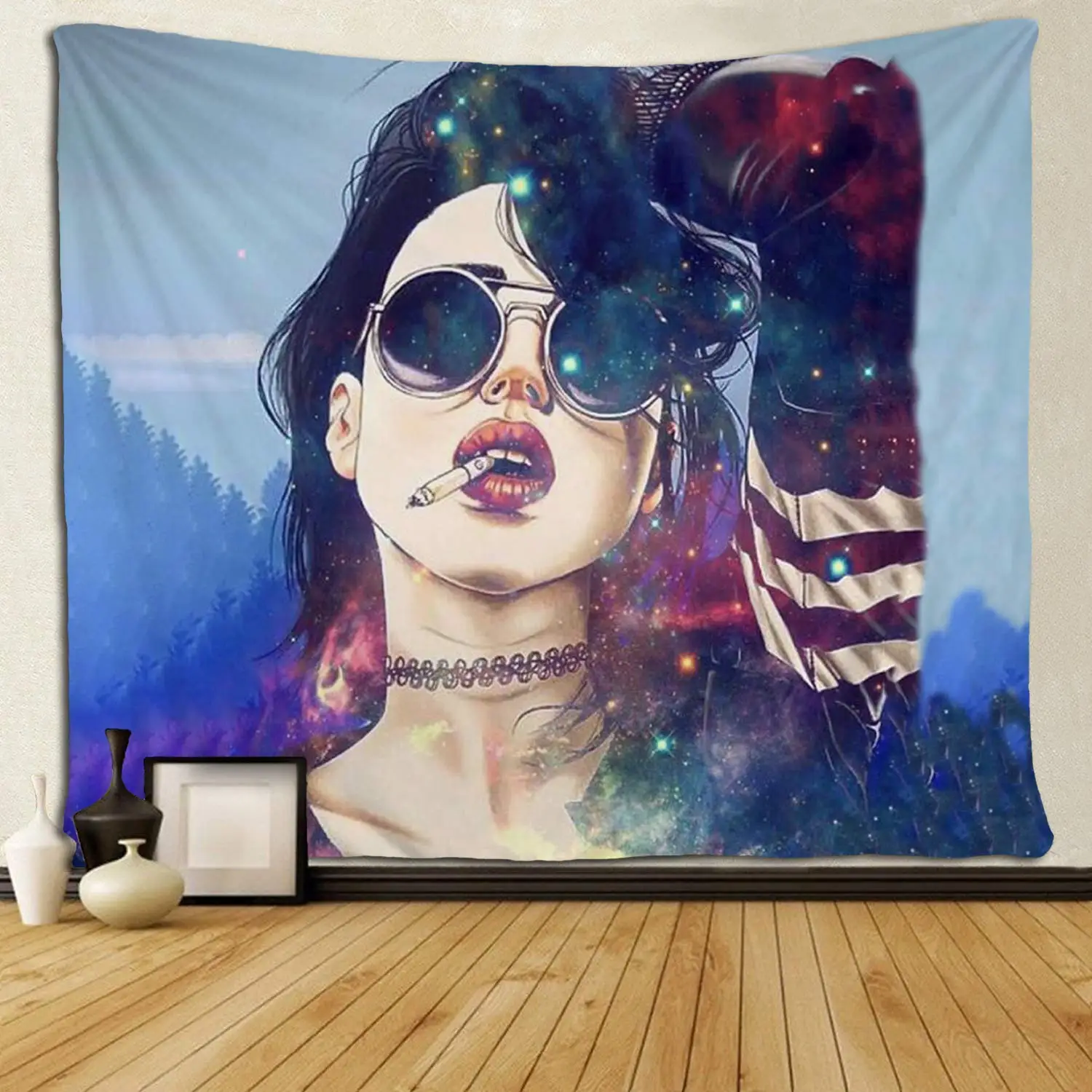 

Cool Women Smoking Galaxy Hair Design Tapestries Hippie Art