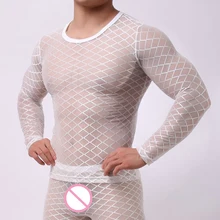 Новые модные мужские сексуальные прозрачные Леггинсы Нижнее белье Utra-thin o-образным вырезом Алмазная сетка с длинным рукавом Фитнес футболка мужской жилет