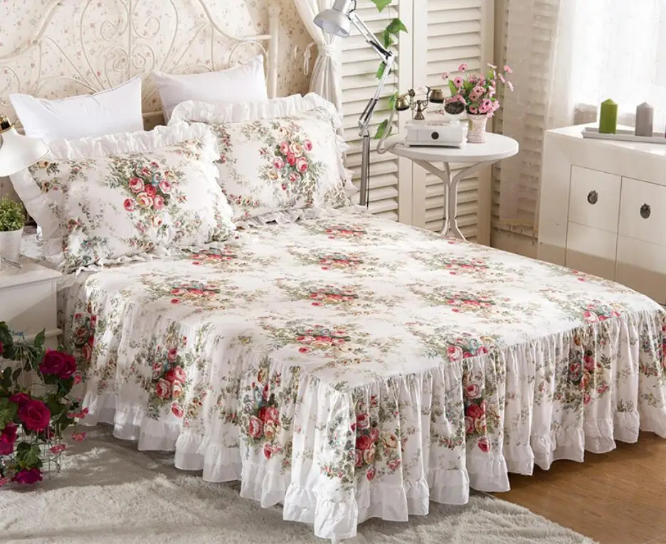 Lace Flower Floral Print Bed Skirt Pillowcase Ruffled Bedspread Full Queen King 