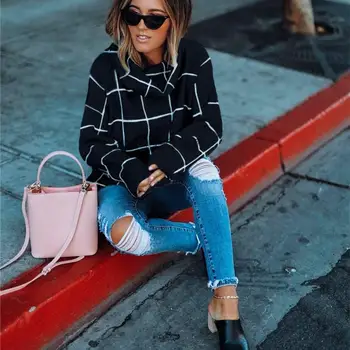 

Women Turtleneck Loose Sweater Long Sleeve Plaid Sweater Pullover Jumper Pullovers Casual Knit Sweater Loose Tops