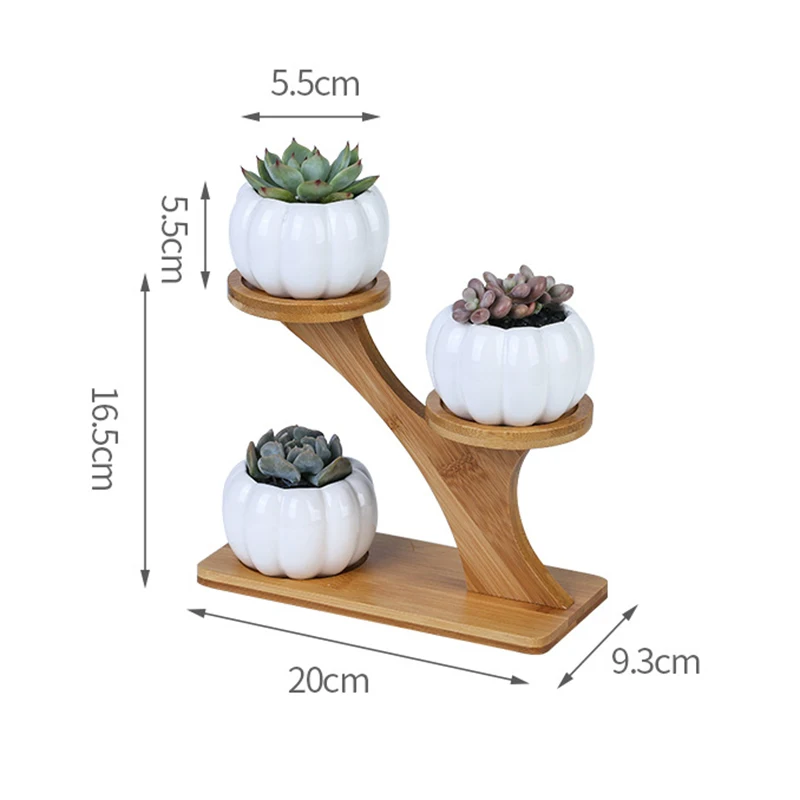 1 Set Ceramic Garden Pots Modern Pumpkin Flowerpot Nursery Succulent Plant Pot 3 Bonsai Planters with 3-Tier Bamboo Shelf