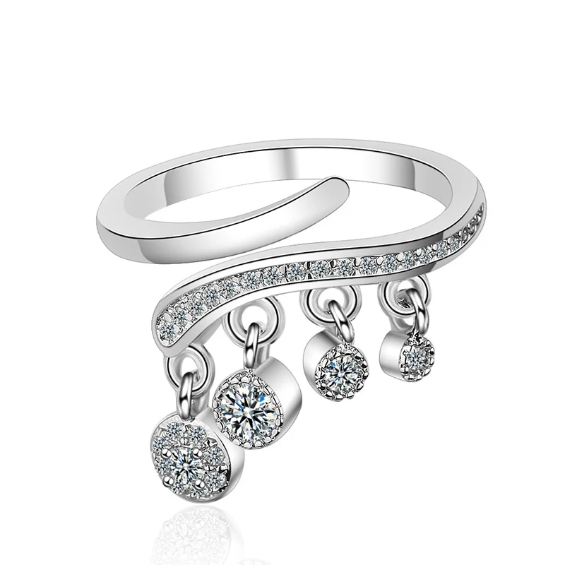 

Elegant 925 Sterling Silver Rings for Women Fashion Hanging Round Zircon Tassel Open Adjustable Finger Ring Wedding Jewelry Gift