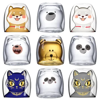 

270ml Double Layer Glass Cups Cute Bear Shiba Cat Milk Cola Juice High Temperature Resistance Dropshipping 2019